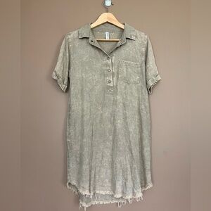 {Zenana} Short Sleeve Linen Blend Shirt Dress in Acid Wash Khaki - Womens Small